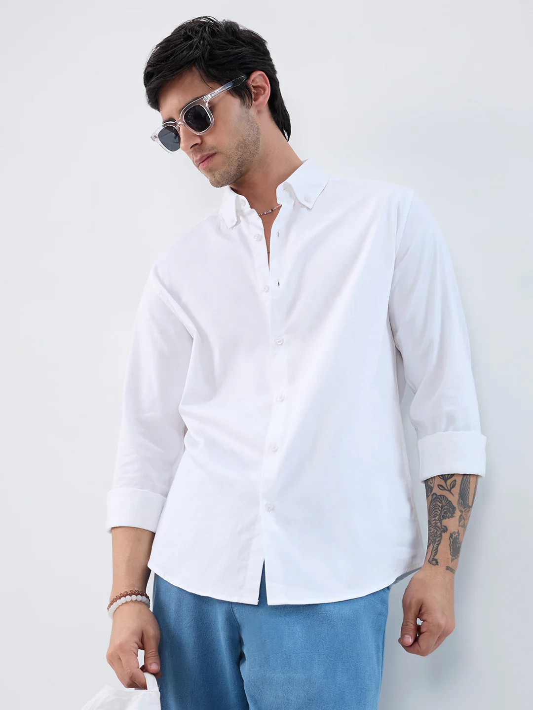 White Satin Button-Down Collar Business Shirt - Image 4
