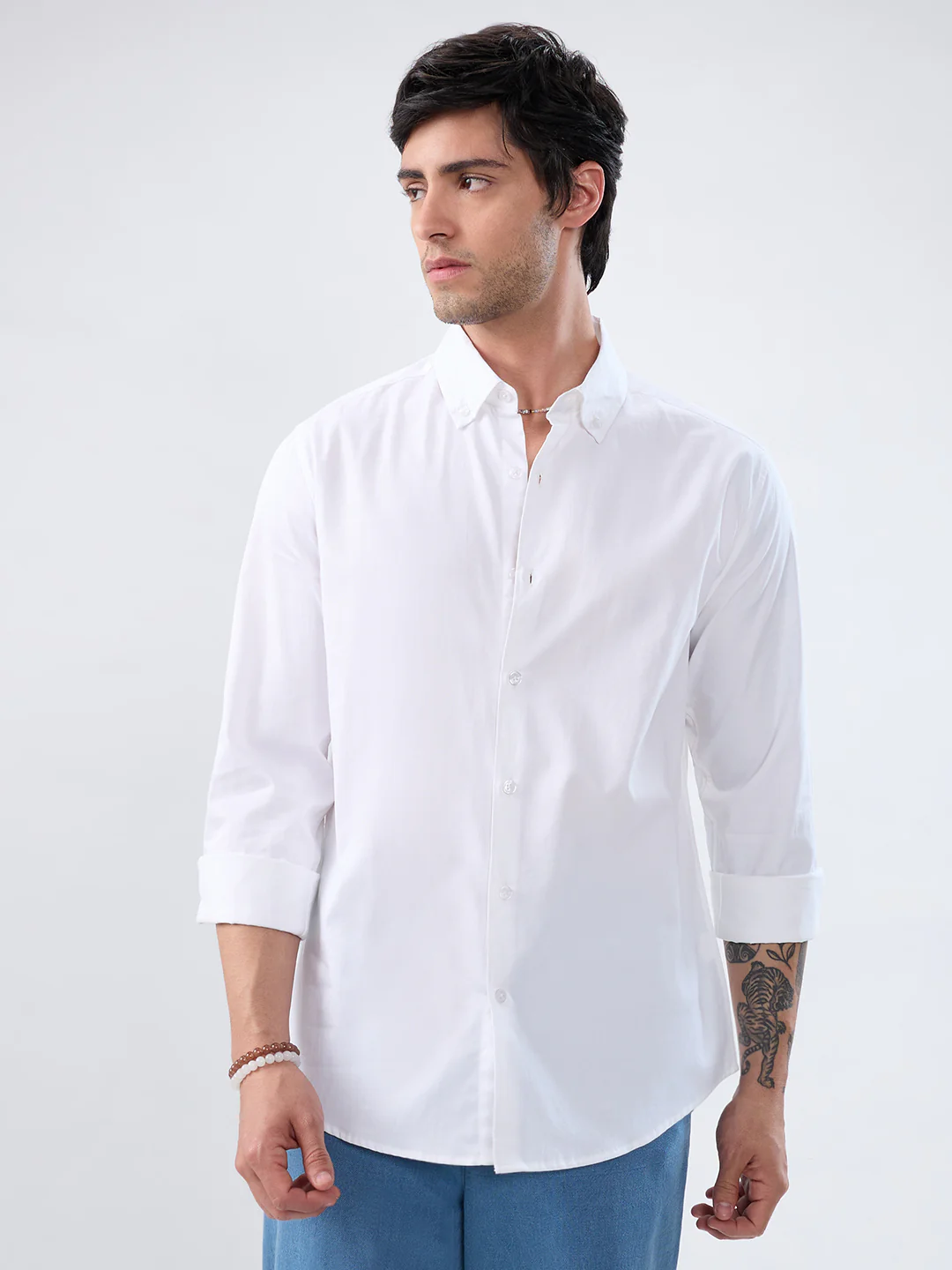White Satin Button-Down Collar Business Shirt - Image 5