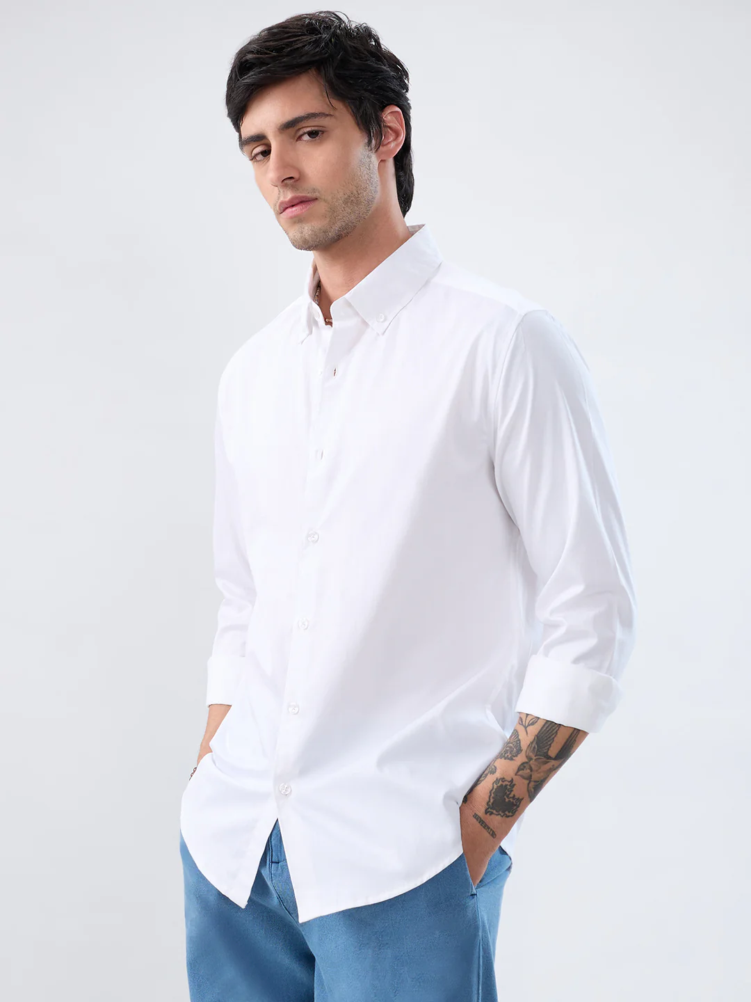 White Satin Button-Down Collar Business Shirt - Image 7