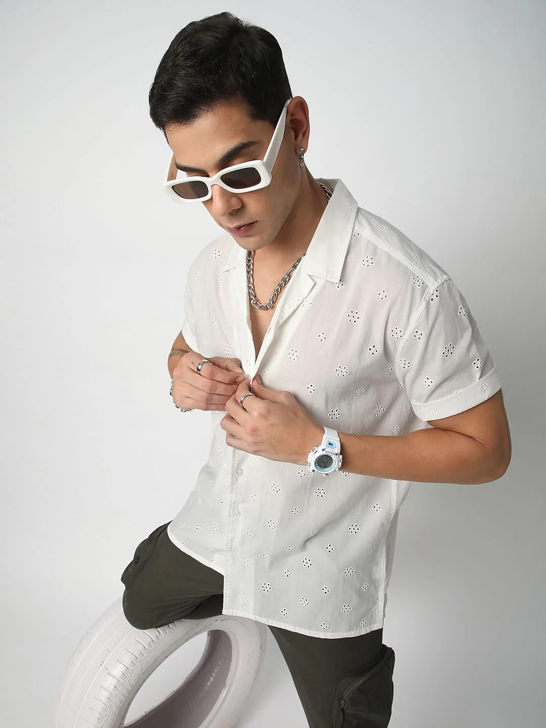 White Schiffli Oversized Notch Collar Shirt - Image 2