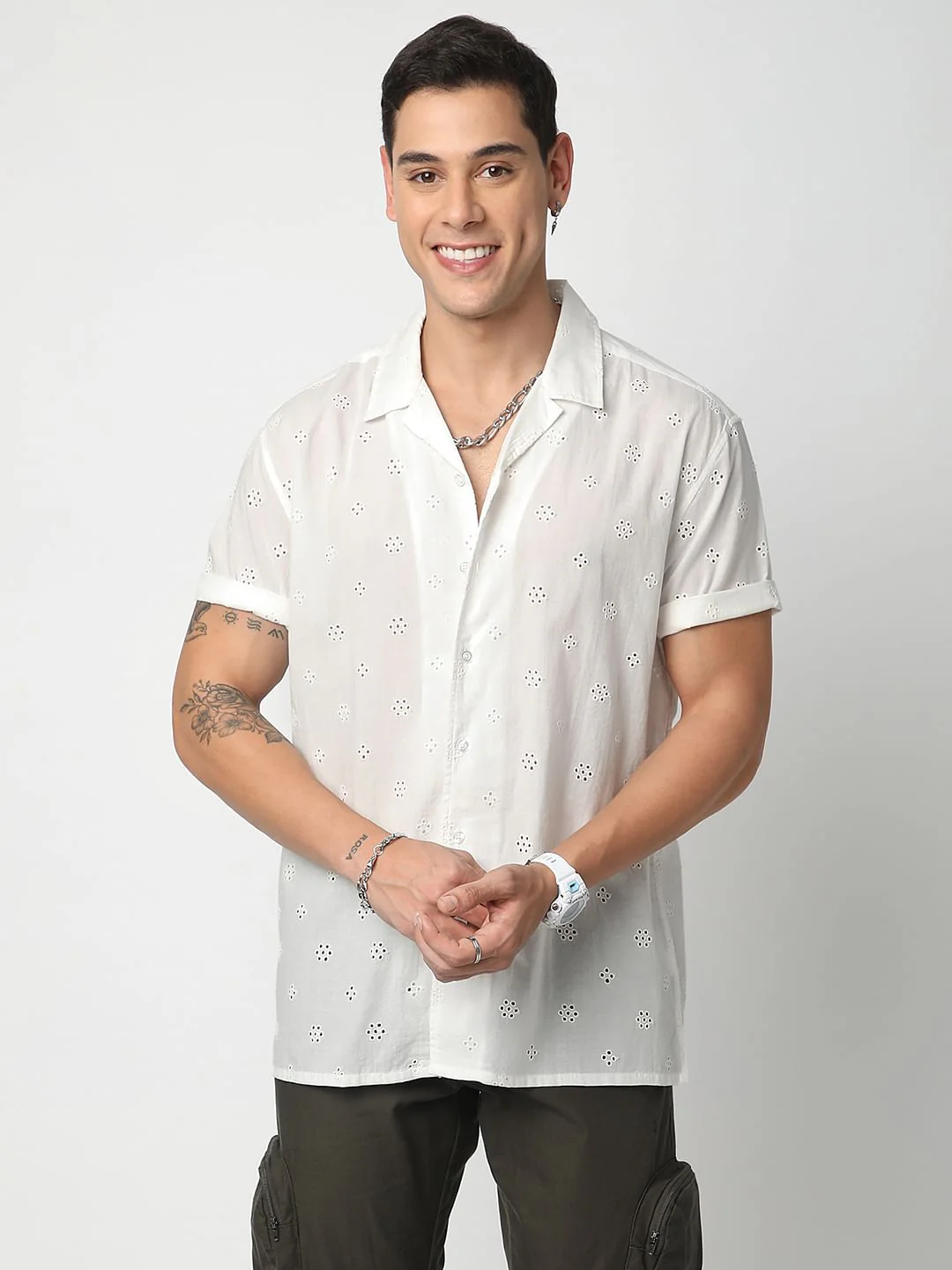 White Schiffli Oversized Notch Collar Shirt - Image 3