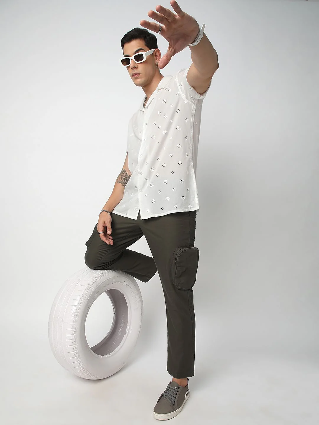 White Schiffli Oversized Notch Collar Shirt - Image 6