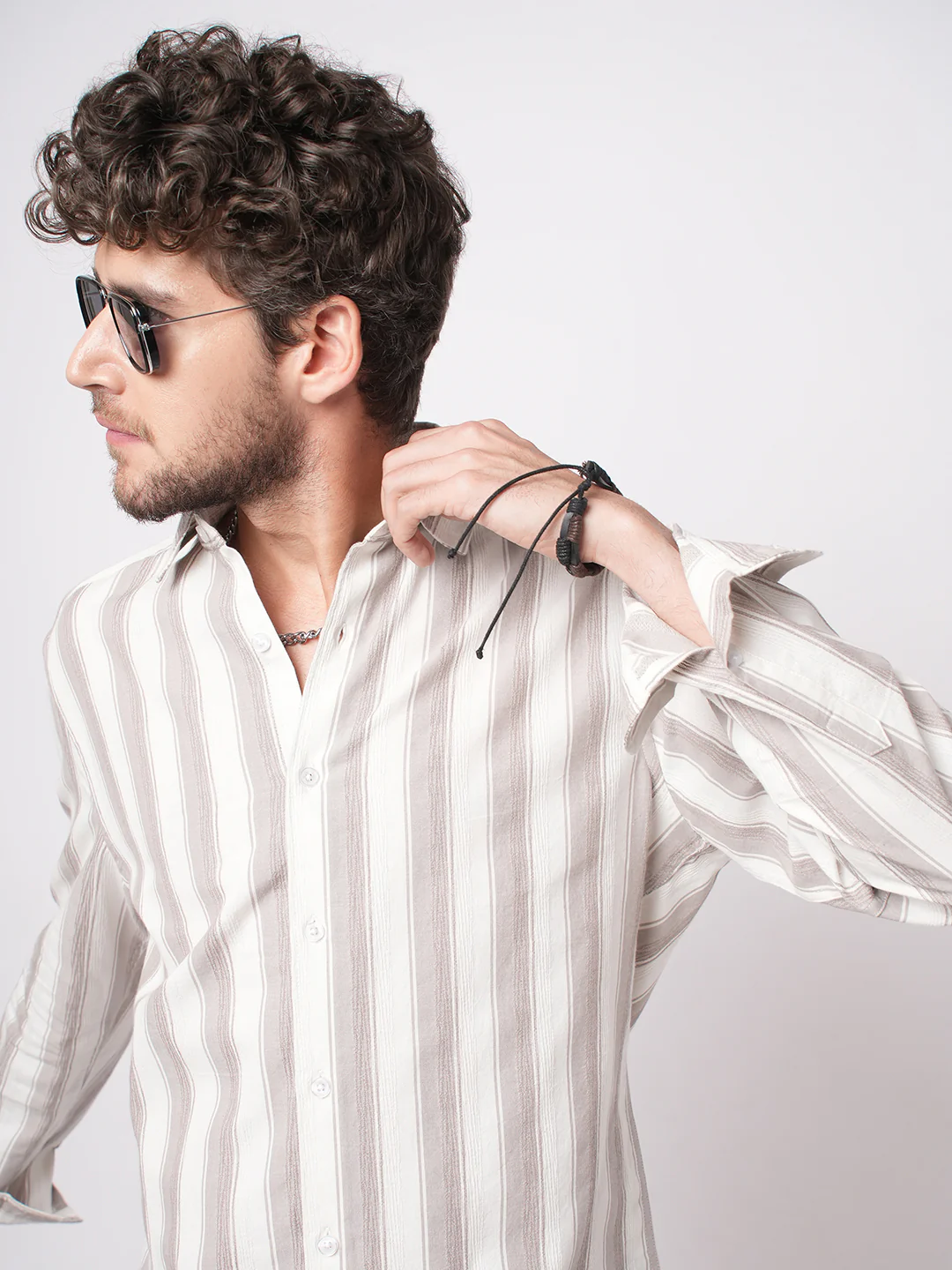 White & Silk Grey Muted Striped Textured Shirt - Image 2