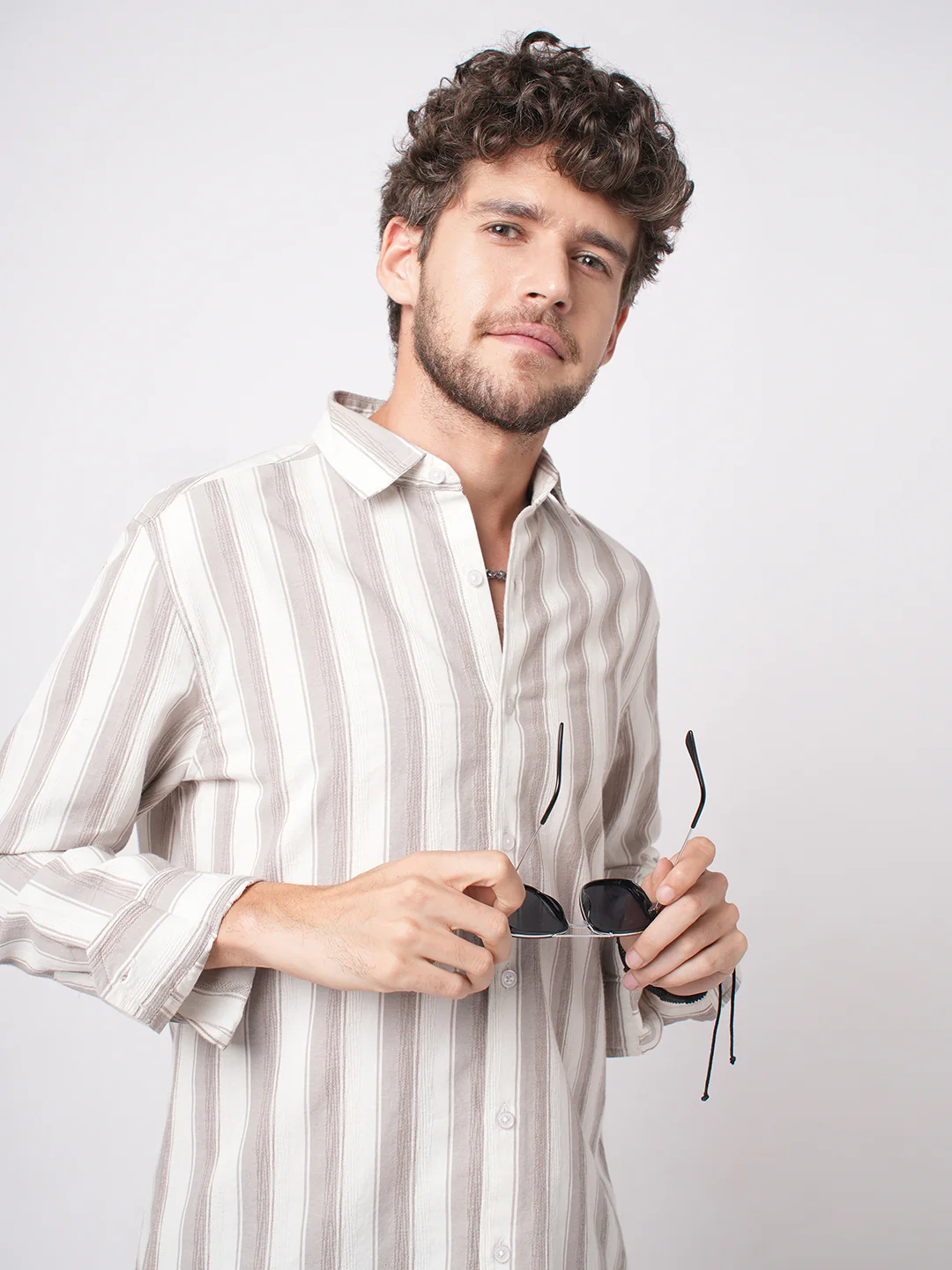 White & Silk Grey Muted Striped Textured Shirt - Image 3