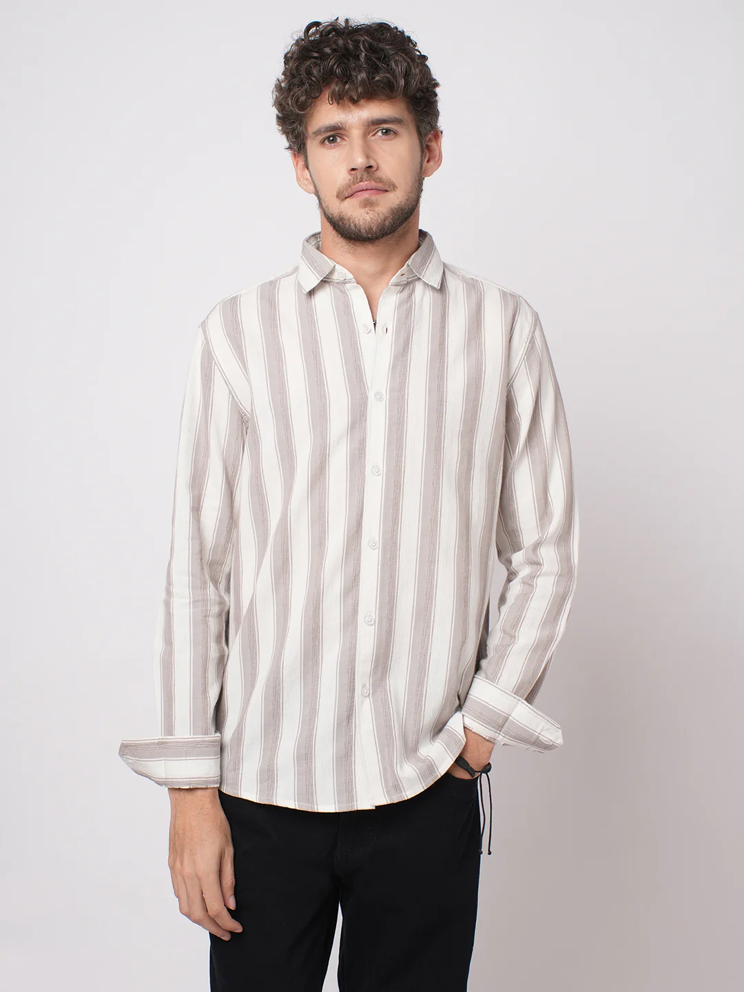 White & Silk Grey Muted Striped Textured Shirt - Image 5