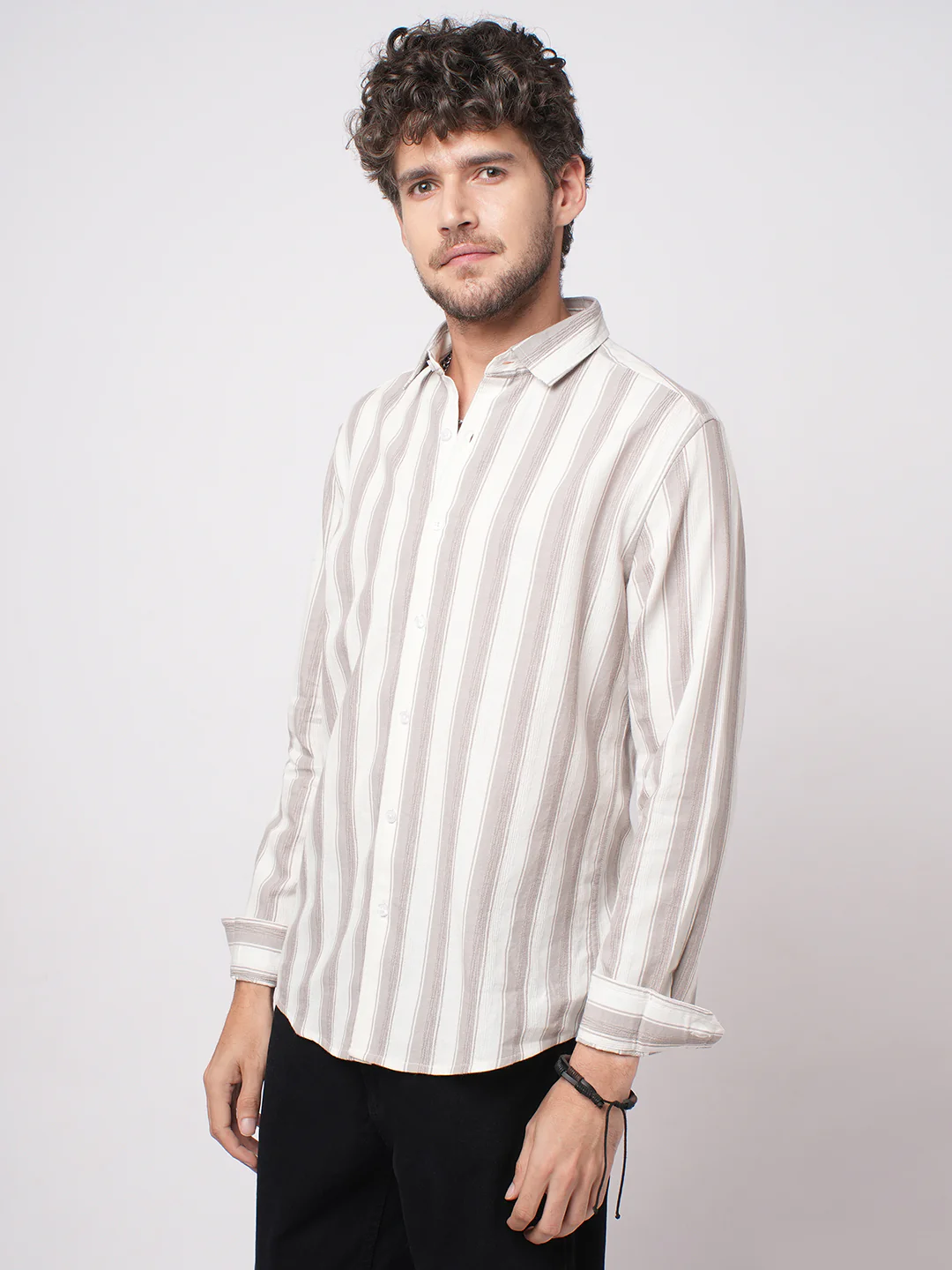 White & Silk Grey Muted Striped Textured Shirt - Image 6