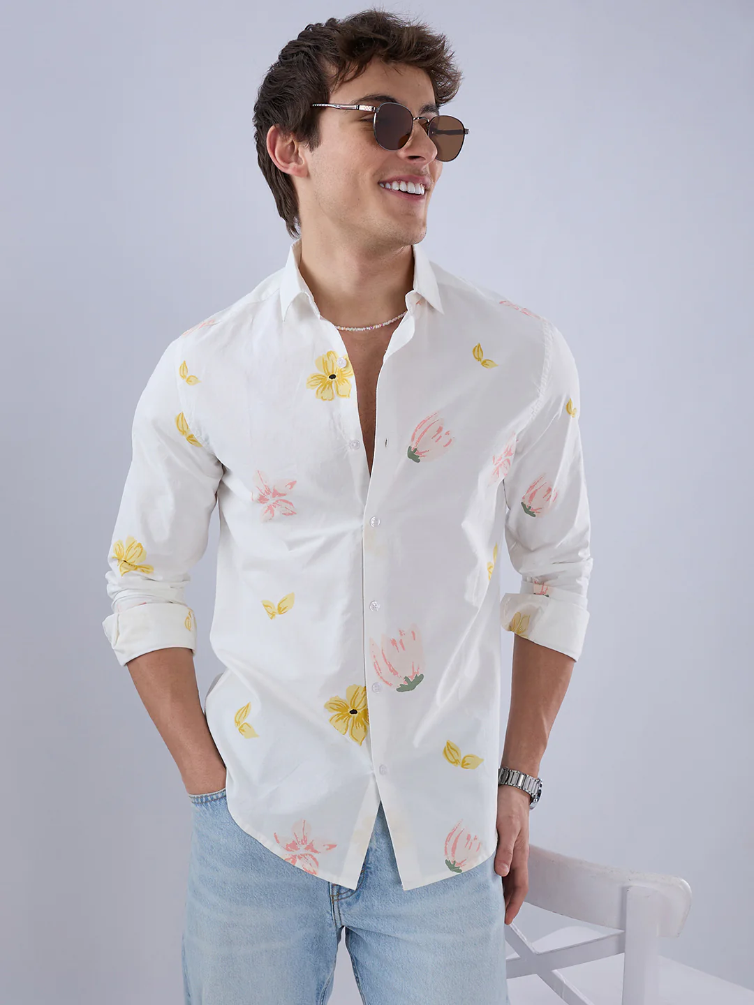 White Tulips Printed Vacation Shirt