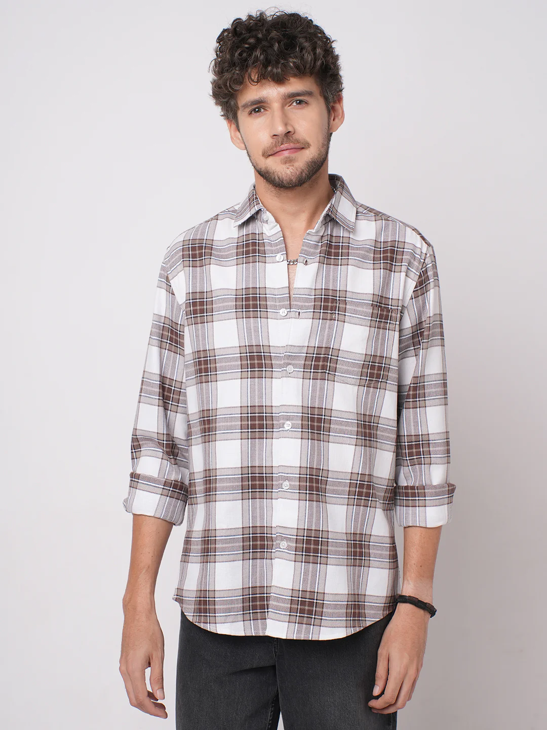 White & Umber Brown Bespoke Checks Shirt - Image 5