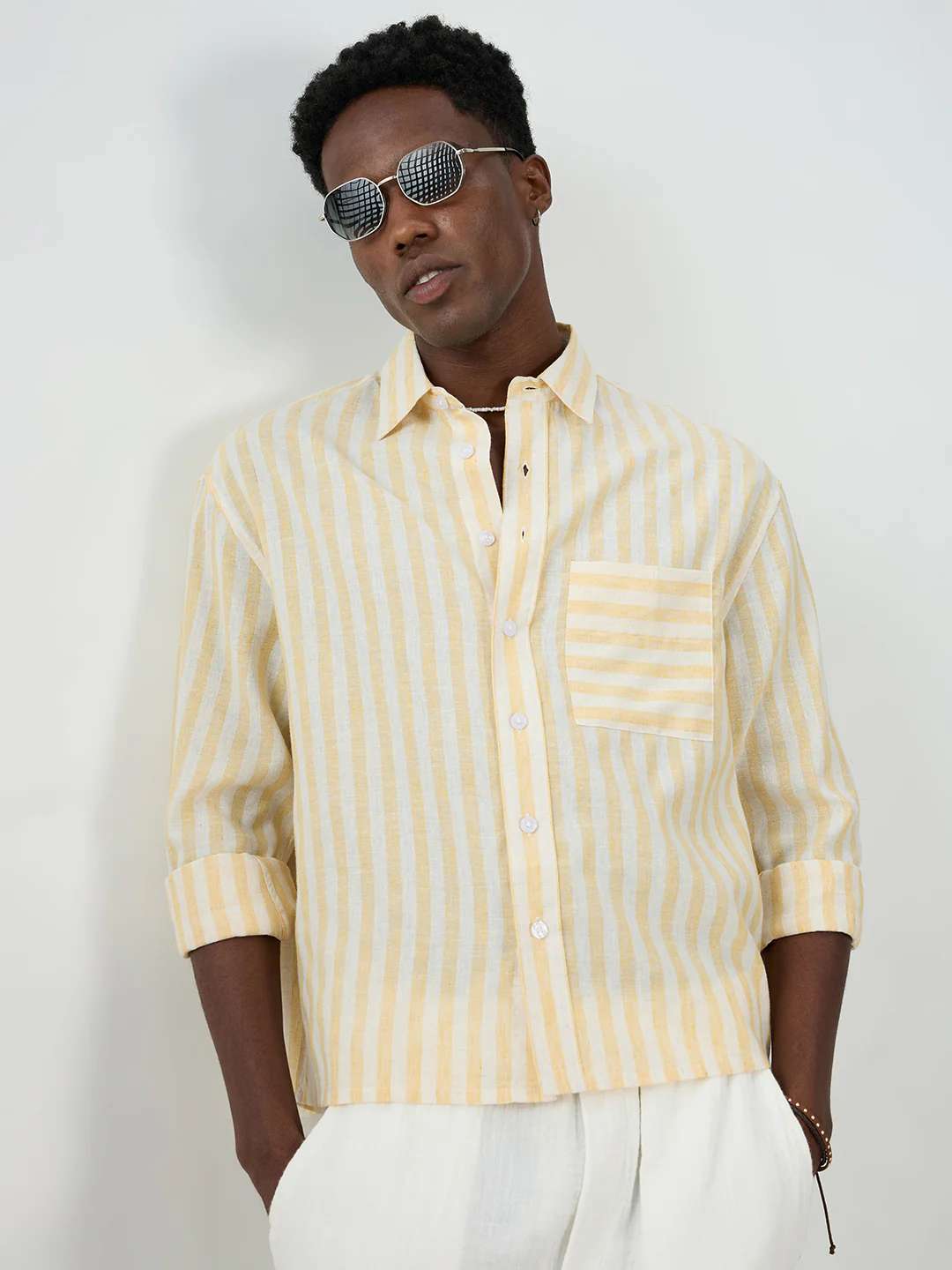 White & Yellow Balanced Striped Boxy Fit Crop Shirt - Image 2
