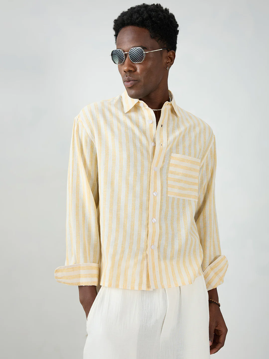 White & Yellow Balanced Striped Boxy Fit Crop Shirt - Image 4