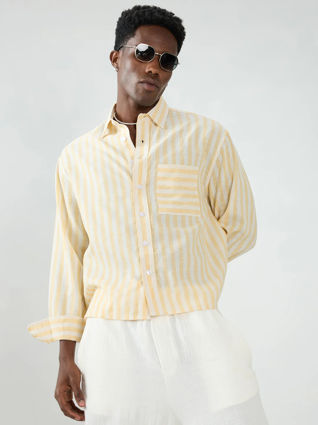 White & Yellow Balanced Striped Boxy Fit Crop Shirt - Image 5