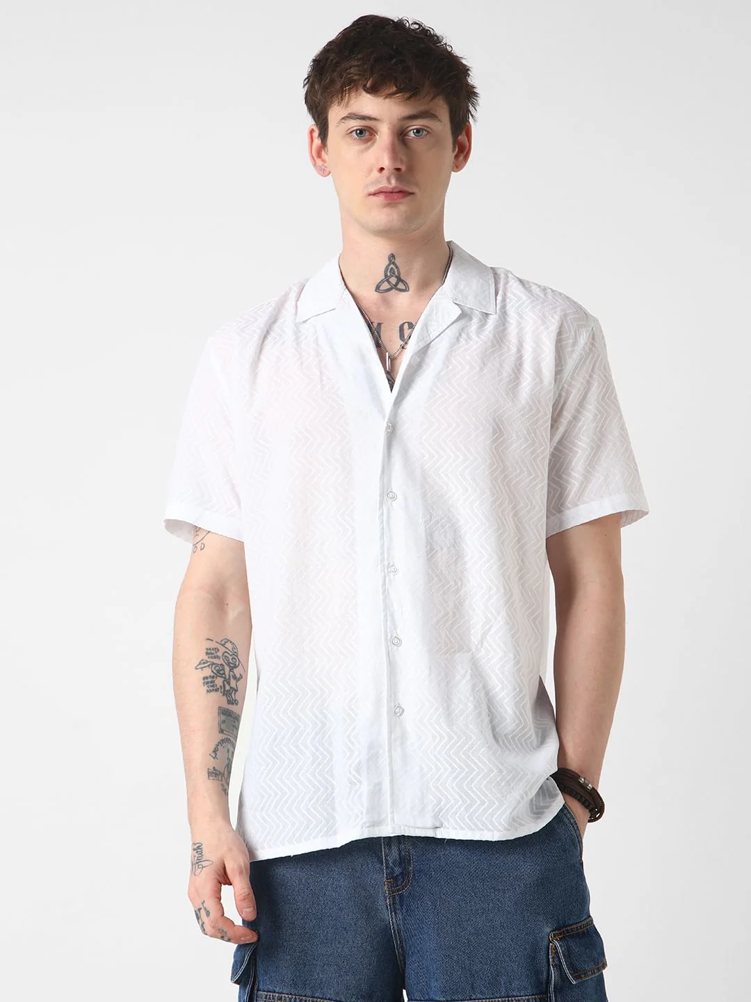 White Zig-Zag Textured Oversized Shirt - Image 6
