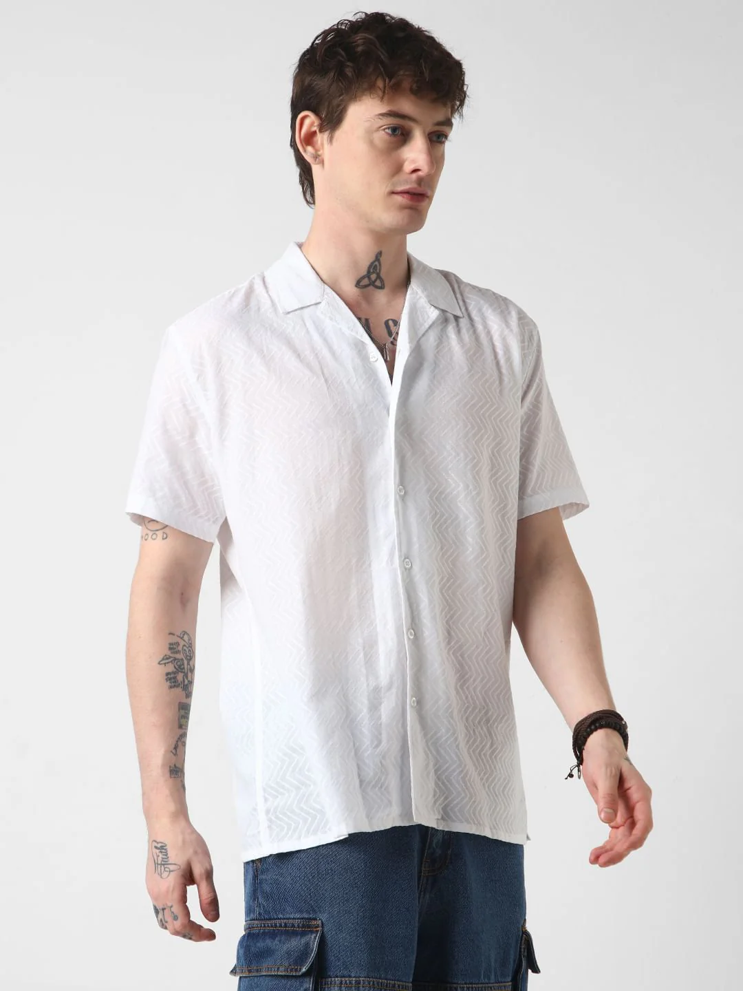 White Zig-Zag Textured Oversized Shirt - Image 7