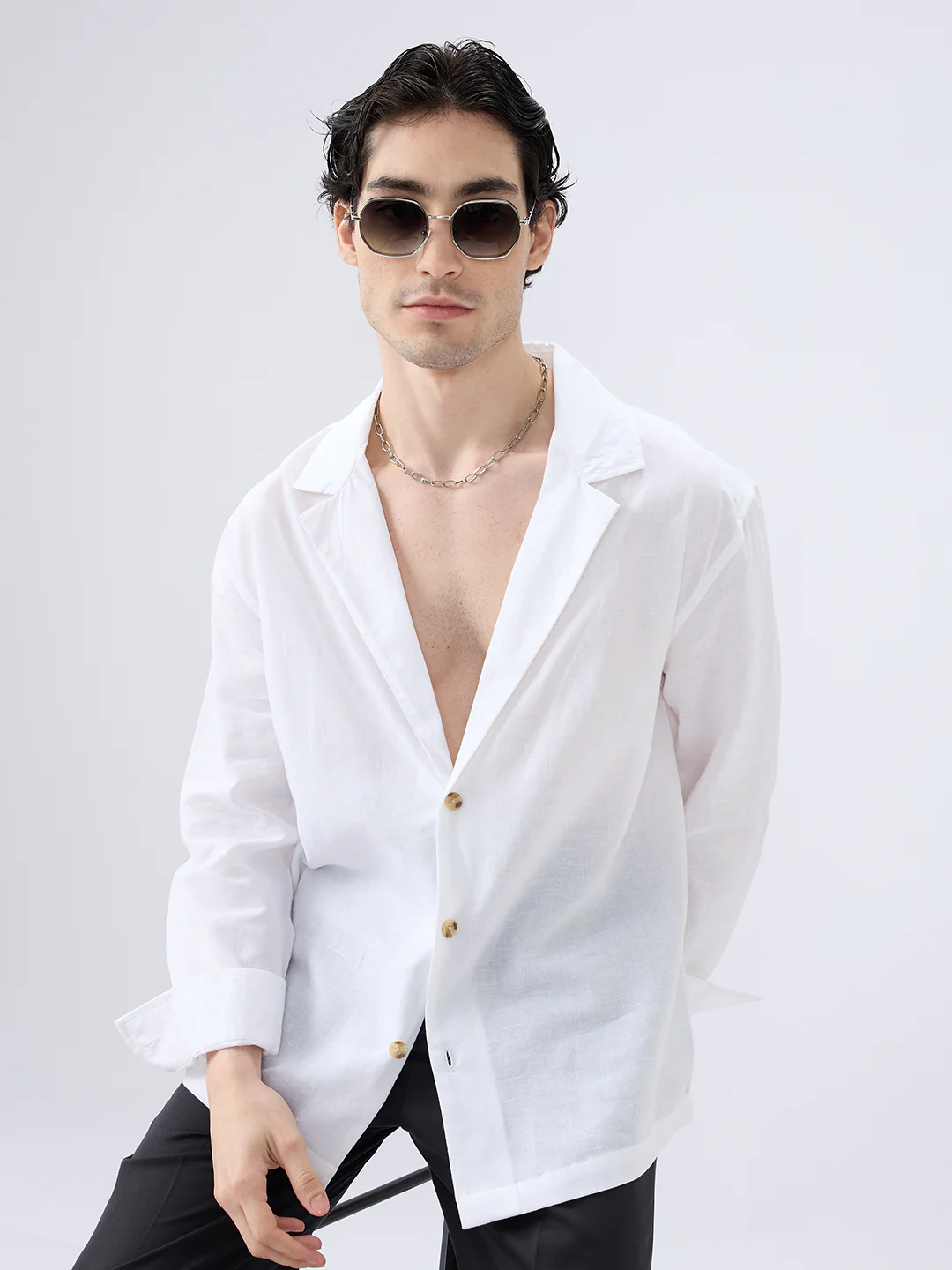 Whiteout Linen Blend Notched Lapel Collar Oversized Shirt - Image 2