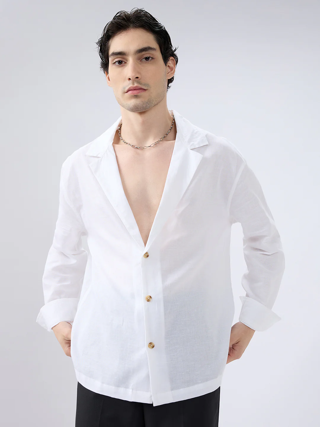 Whiteout Linen Blend Notched Lapel Collar Oversized Shirt - Image 4