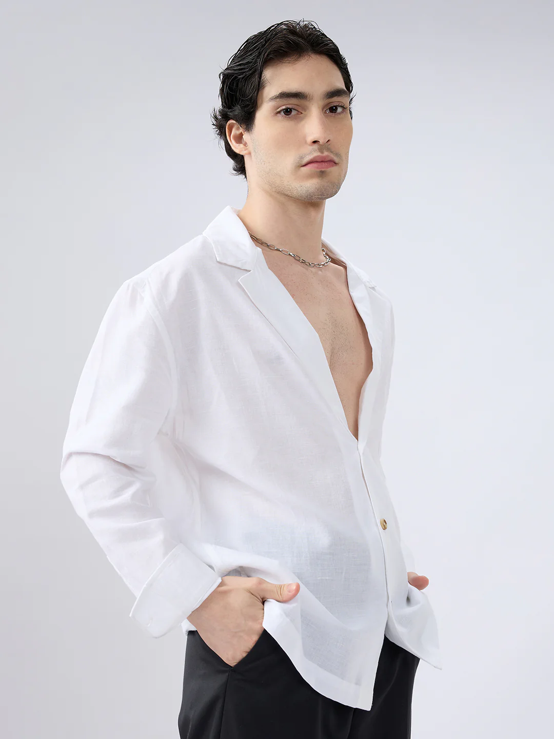 Whiteout Linen Blend Notched Lapel Collar Oversized Shirt - Image 5