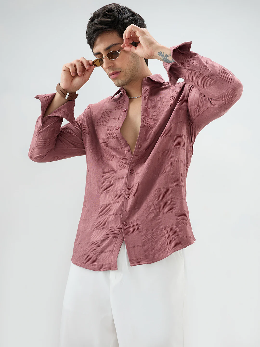 Wild Orchid Pink Block Checks Motif Embossed Shirt - Image 2