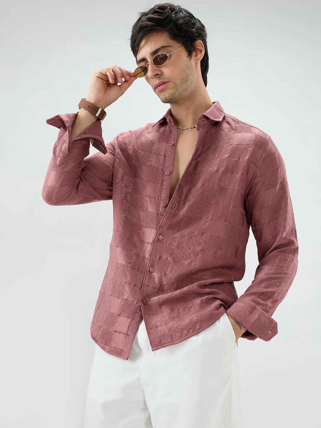 Wild Orchid Pink Block Checks Motif Embossed Shirt - Image 4