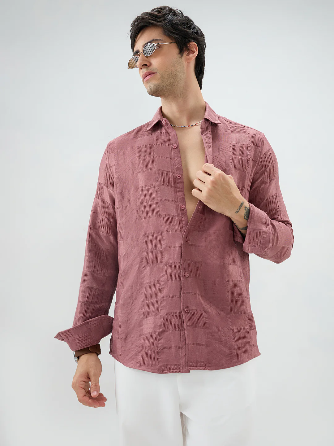 Wild Orchid Pink Block Checks Motif Embossed Shirt - Image 5