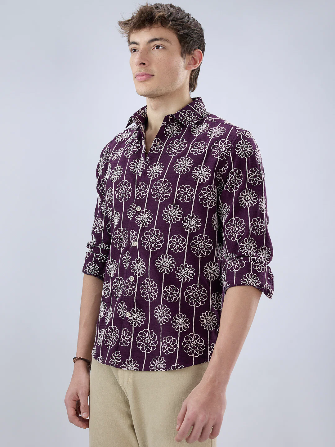 Wine Floral Embroidered Slub Shirt - Image 6