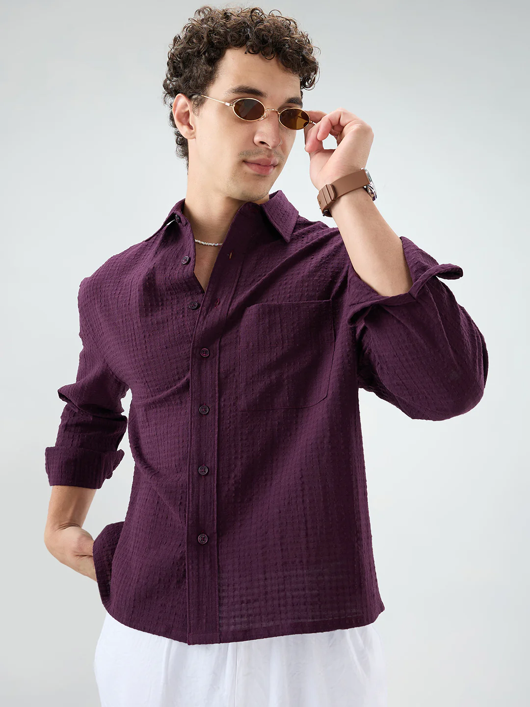 Wine Micro Box Textured Boxy Fit Crop Shirt - Image 2