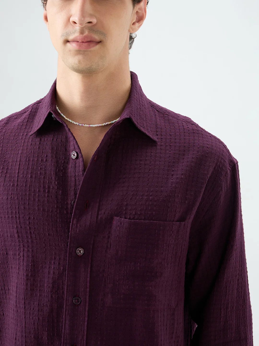 Wine Micro Box Textured Boxy Fit Crop Shirt - Image 3