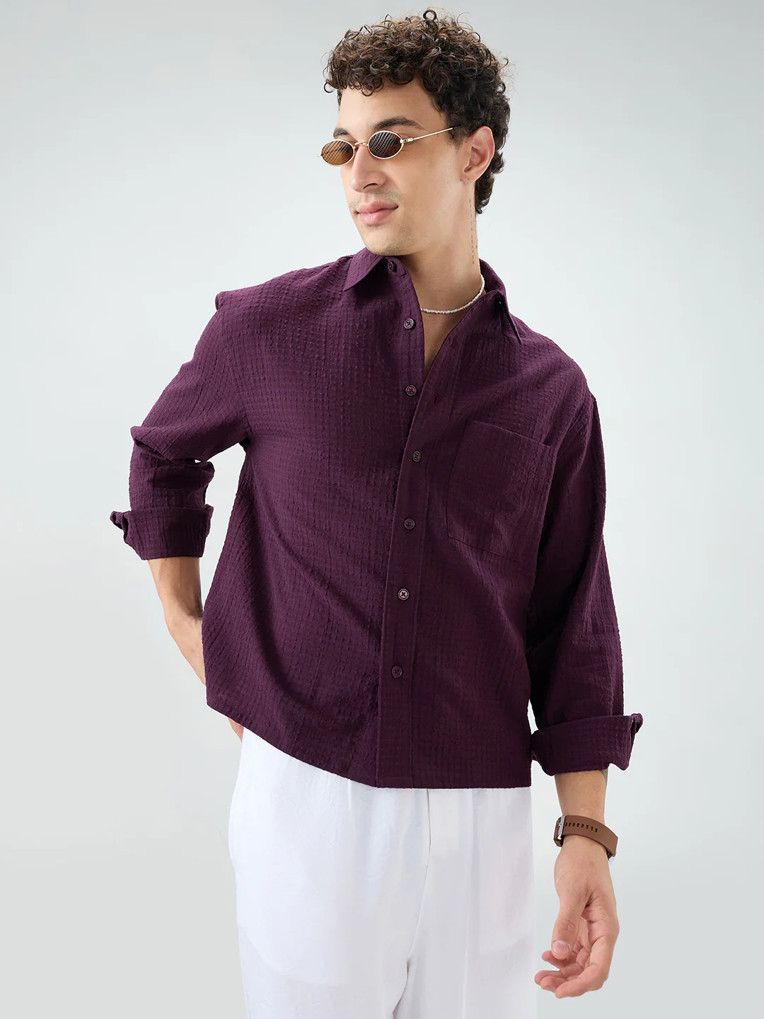 Wine Micro Box Textured Boxy Fit Crop Shirt - Image 4