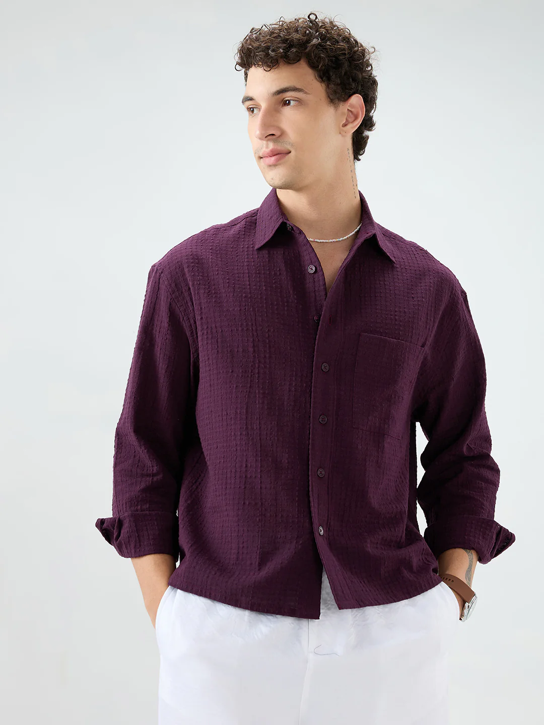 Wine Micro Box Textured Boxy Fit Crop Shirt - Image 5