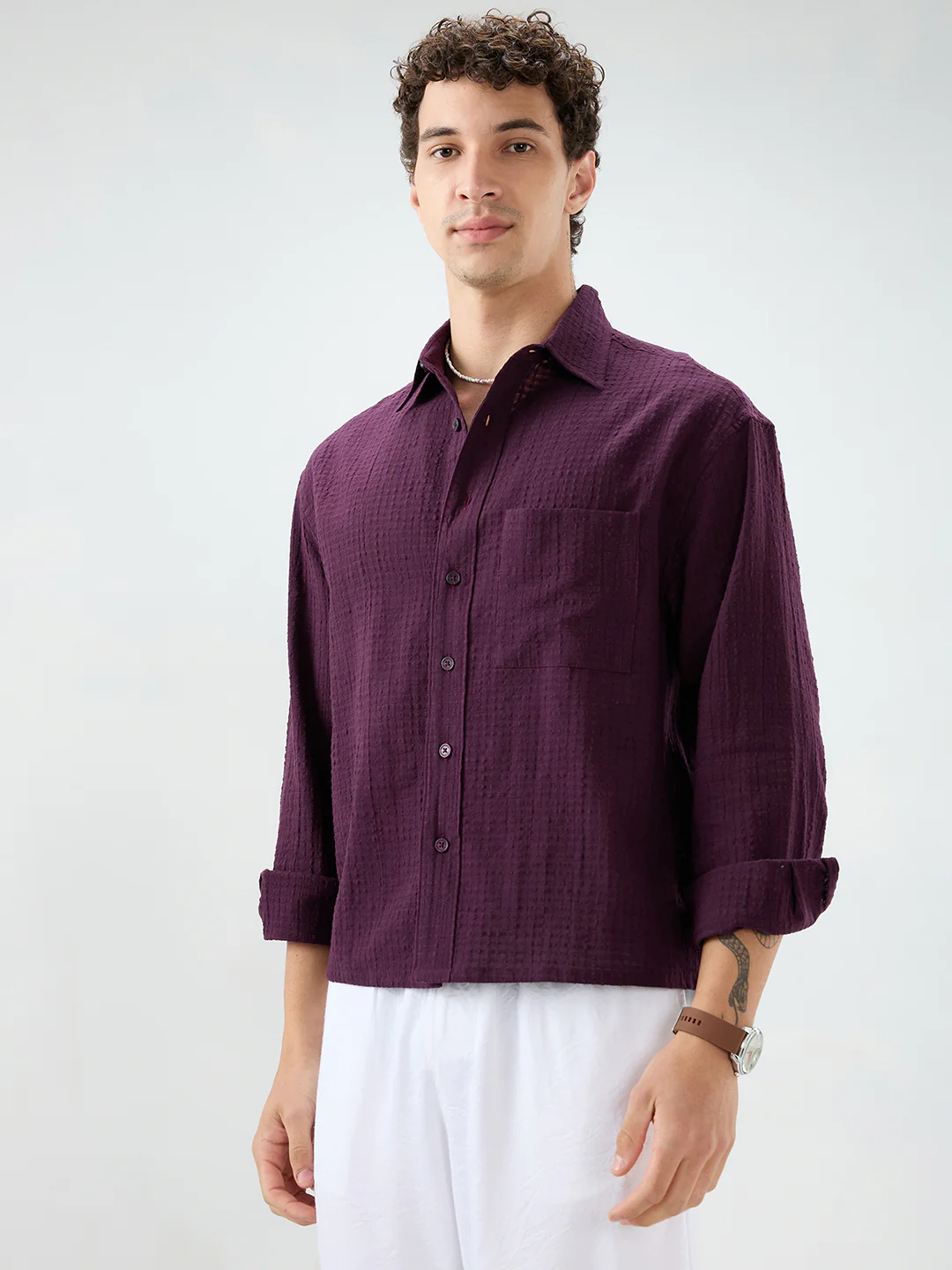 Wine Micro Box Textured Boxy Fit Crop Shirt - Image 6