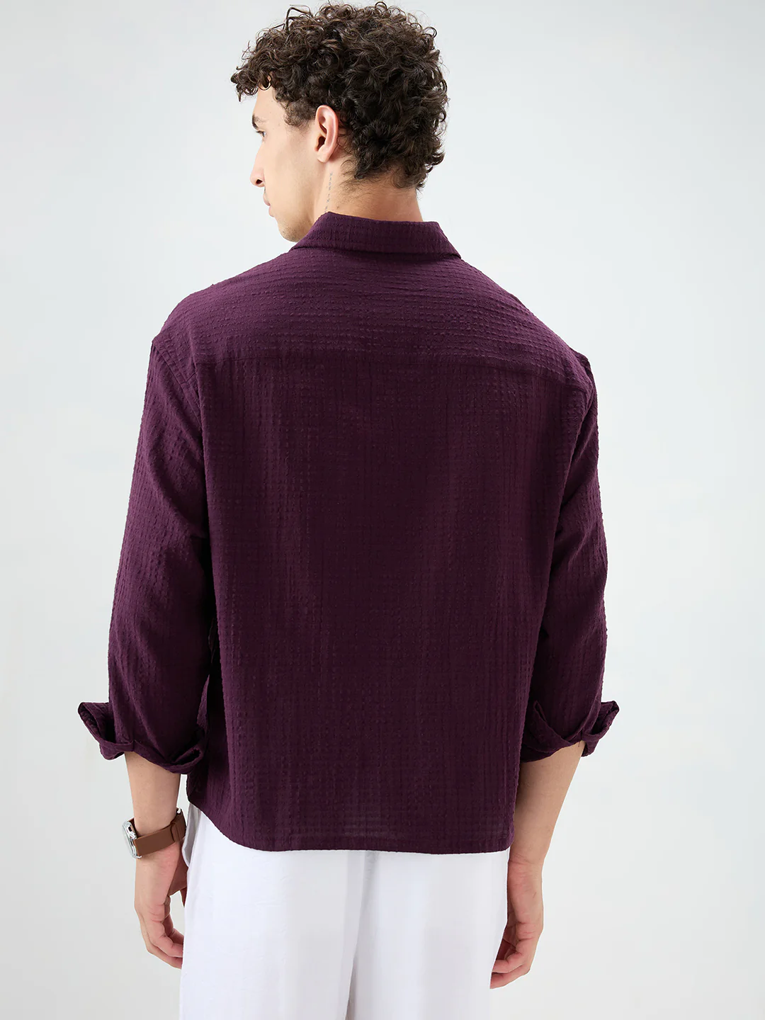 Wine Micro Box Textured Boxy Fit Crop Shirt - Image 7