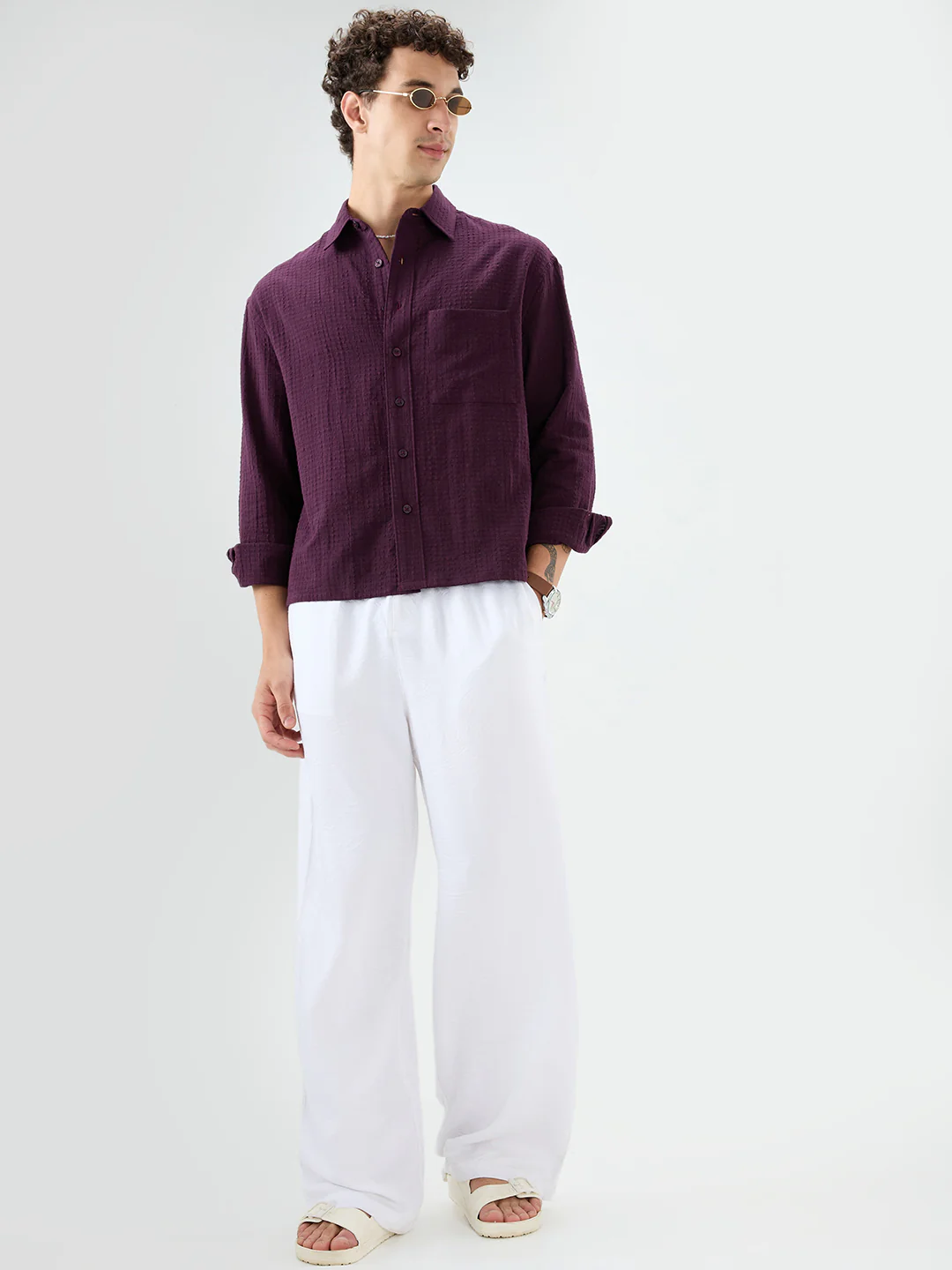 Wine Micro Box Textured Boxy Fit Crop Shirt - Image 8