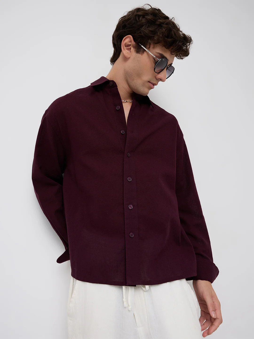 Wine Micro Jacquard Weave Boxy Fit Crop Shirt - Image 2