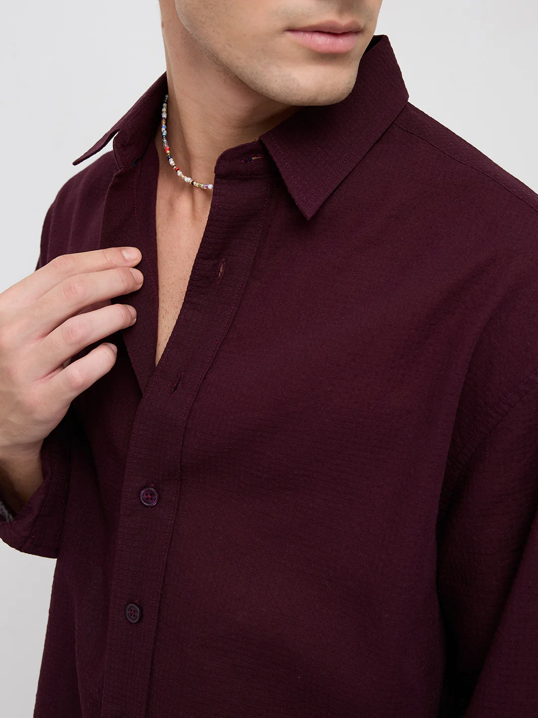 Wine Micro Jacquard Weave Boxy Fit Crop Shirt - Image 3