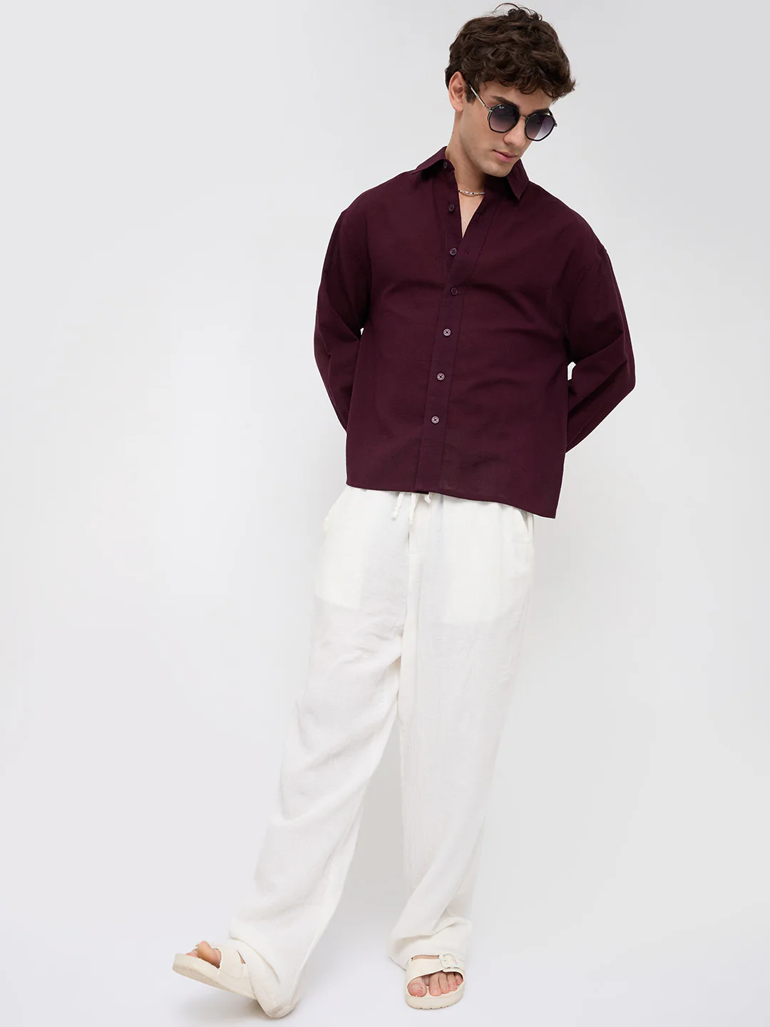 Wine Micro Jacquard Weave Boxy Fit Crop Shirt - Image 8