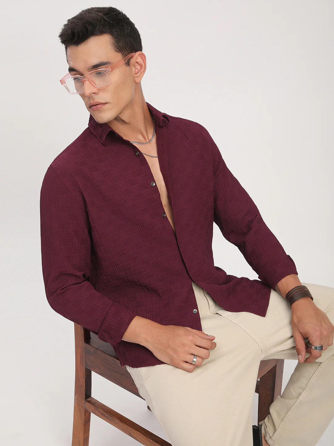 Wine Self Design Textured Shirt - Image 2