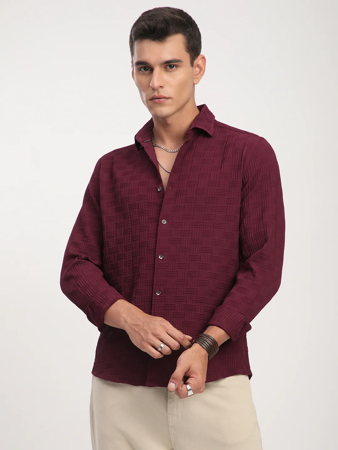 Wine Self Design Textured Shirt - Image 4