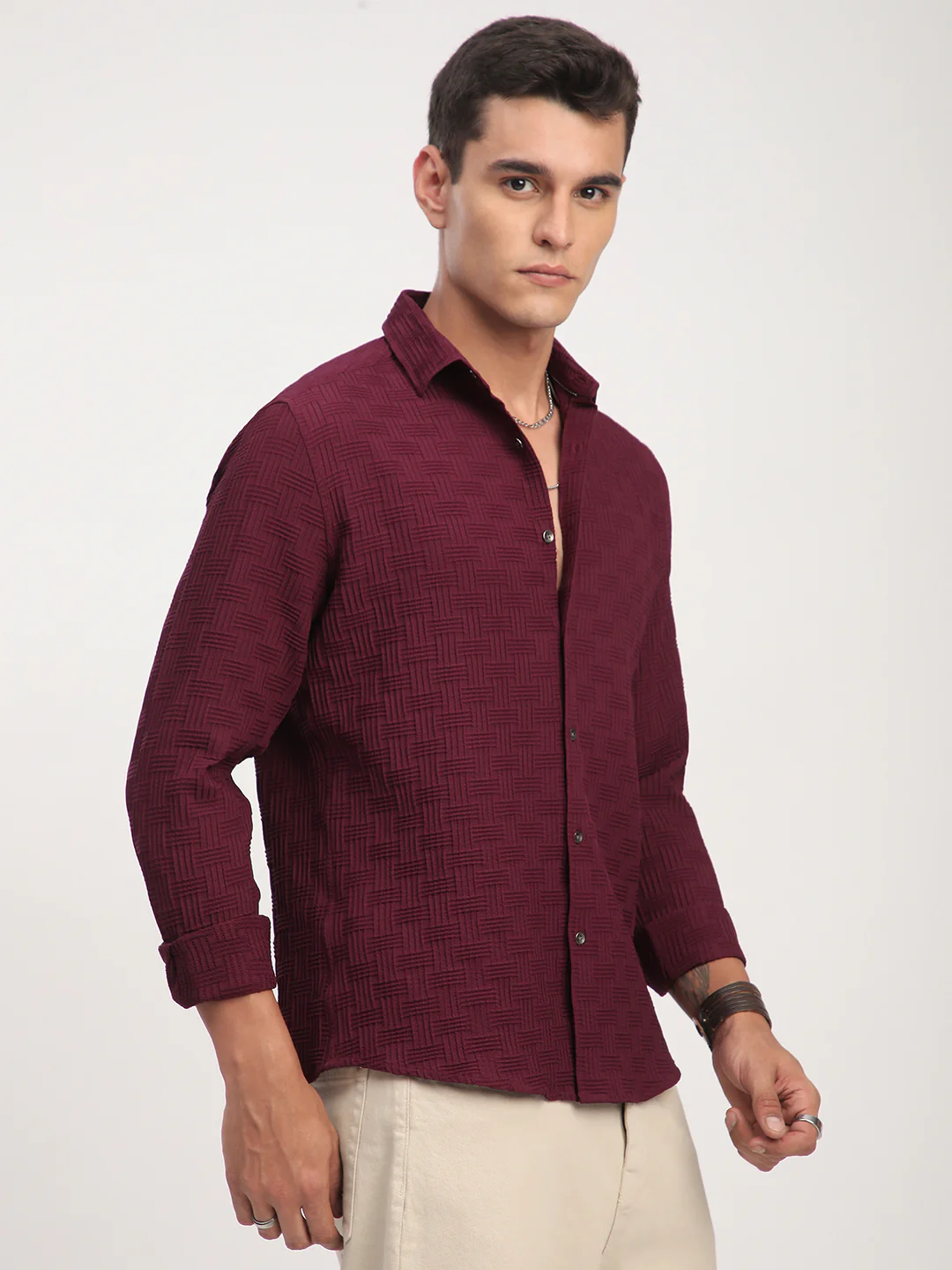 Wine Self Design Textured Shirt - Image 5
