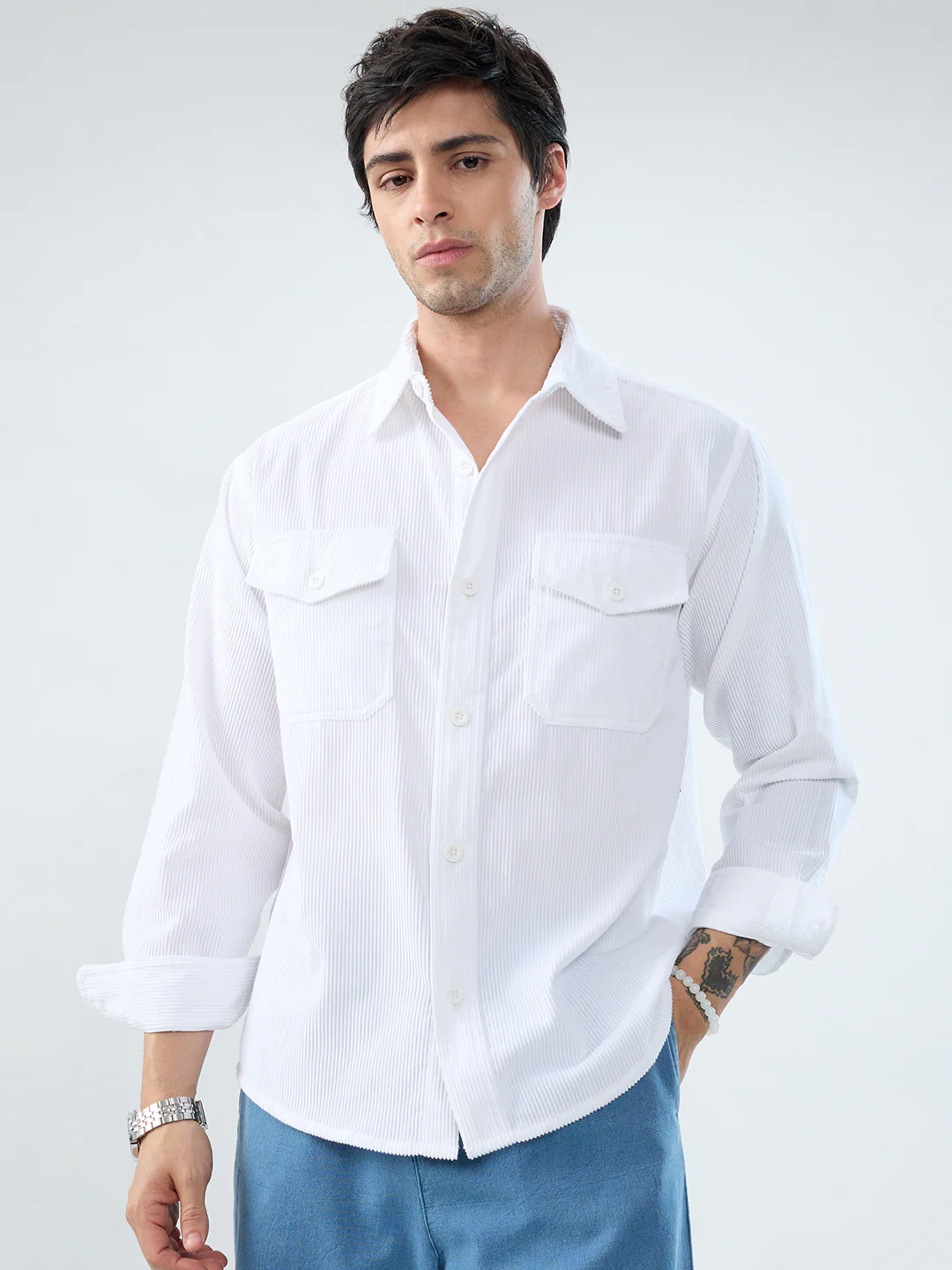 Winter White Corduroy Double Pocket Overshirt - Image 3