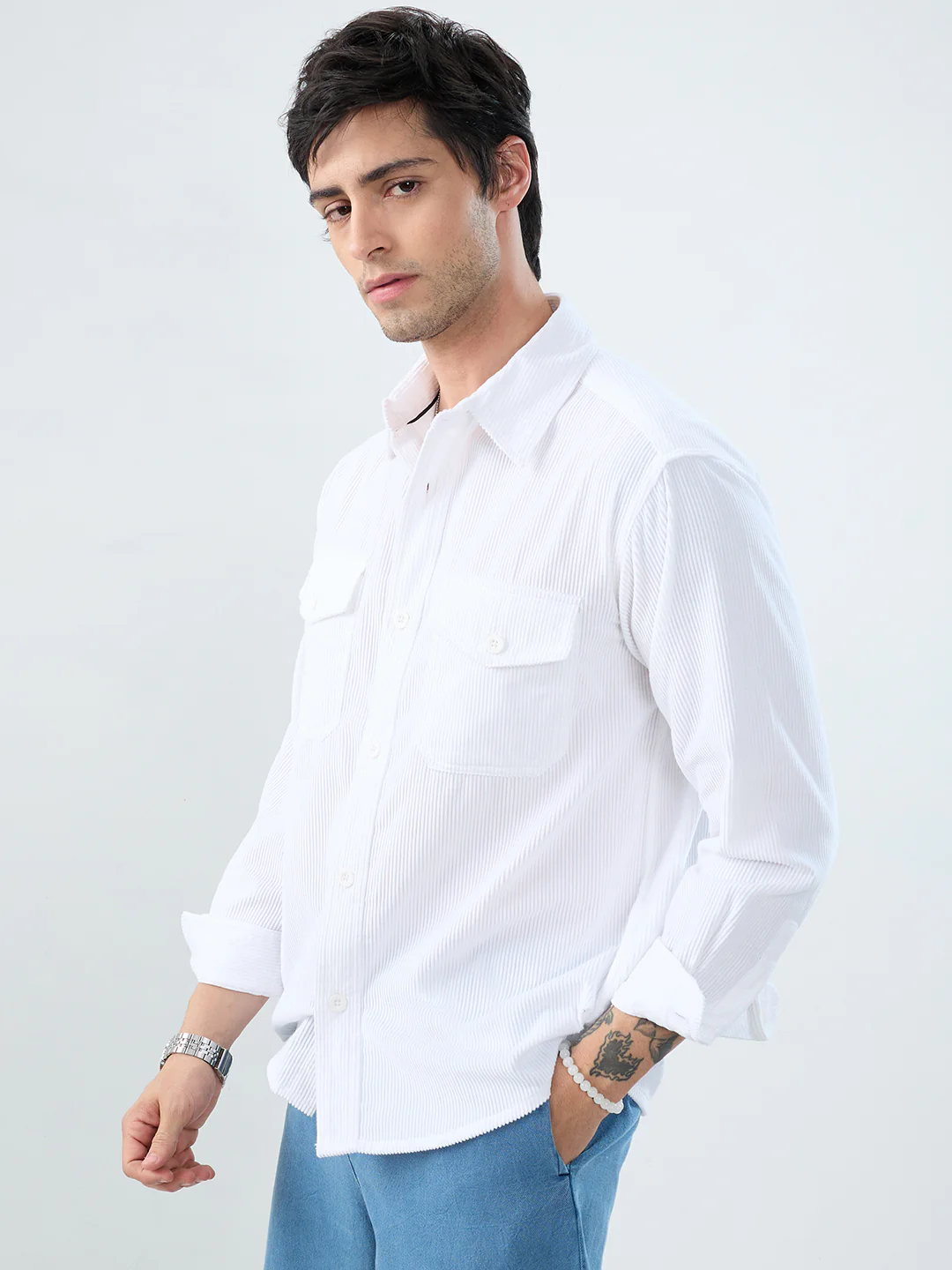 Winter White Corduroy Double Pocket Overshirt - Image 4