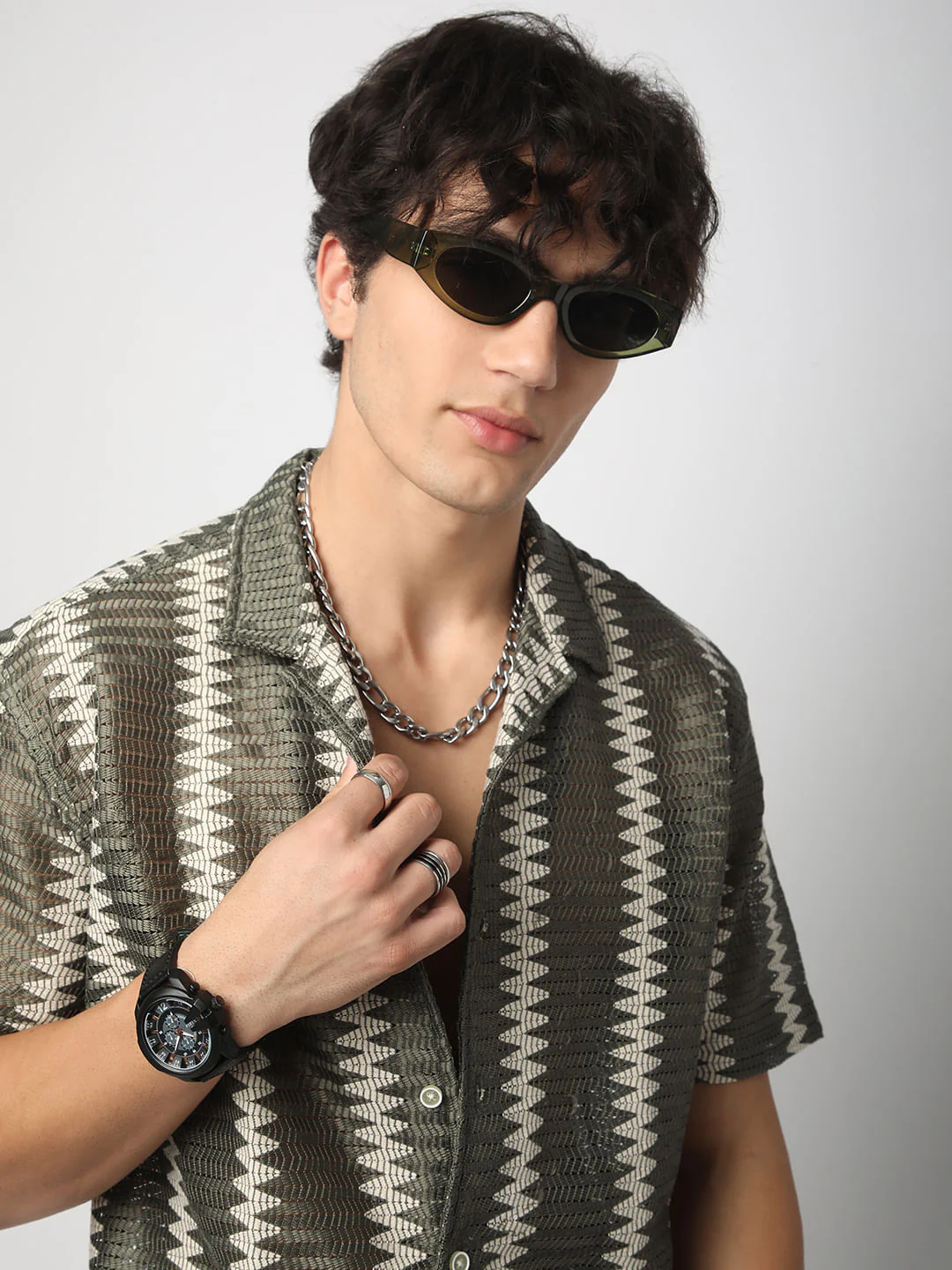 Zig-Zag Olive Crochet Oversized Shirt - Image 2