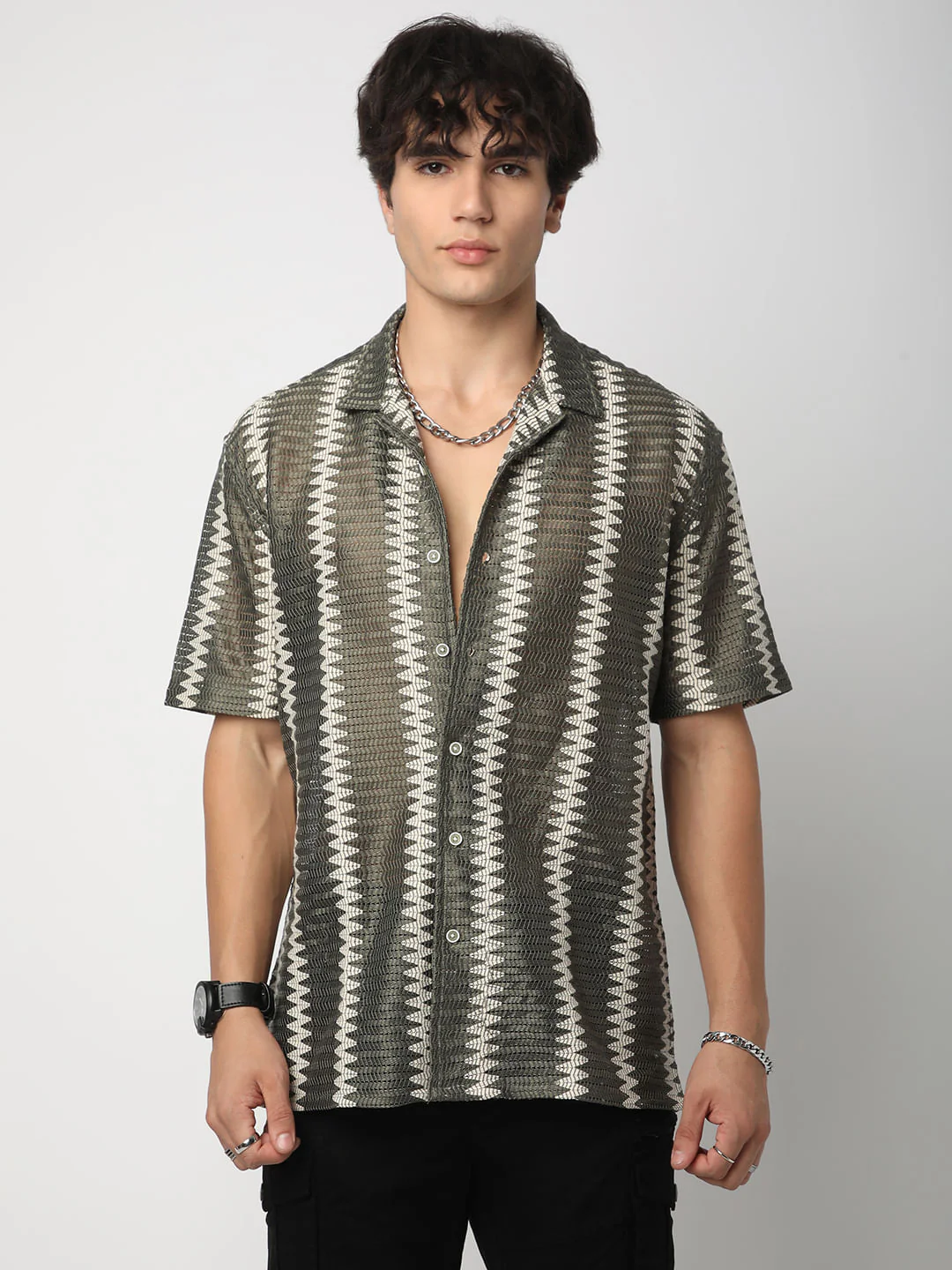Zig-Zag Olive Crochet Oversized Shirt - Image 4
