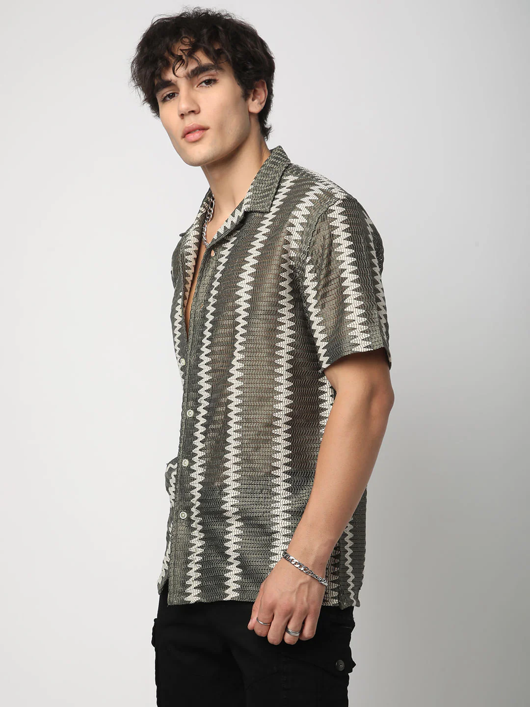 Zig-Zag Olive Crochet Oversized Shirt - Image 5