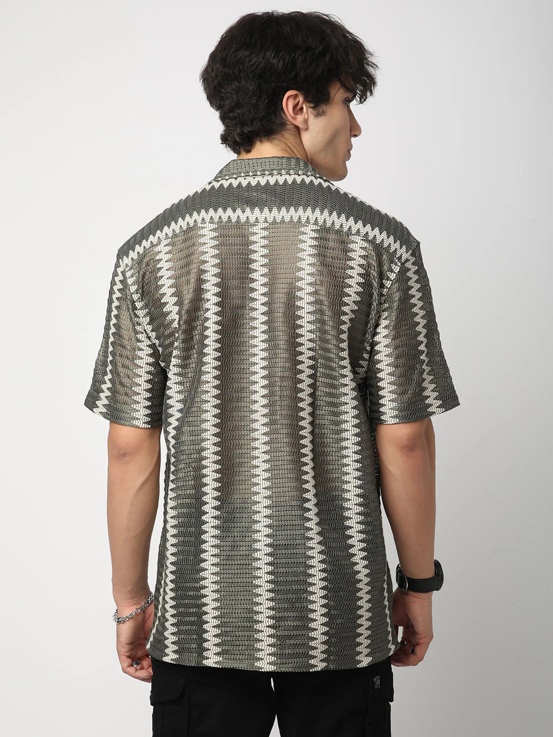 Zig-Zag Olive Crochet Oversized Shirt - Image 6