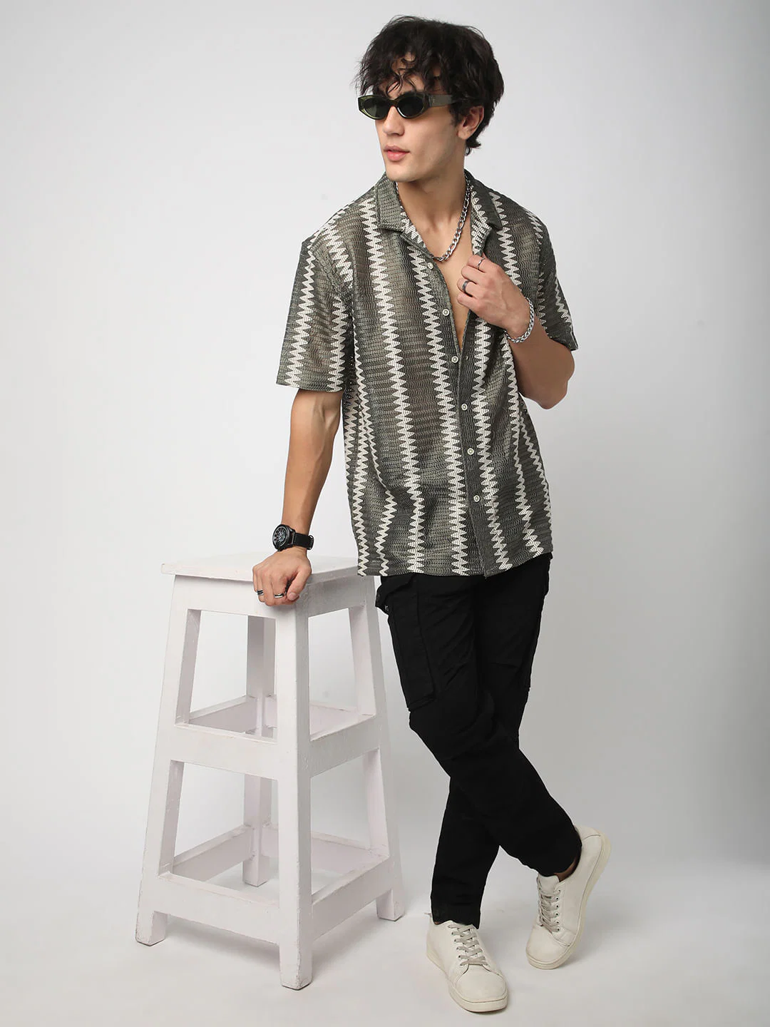 Zig-Zag Olive Crochet Oversized Shirt - Image 7
