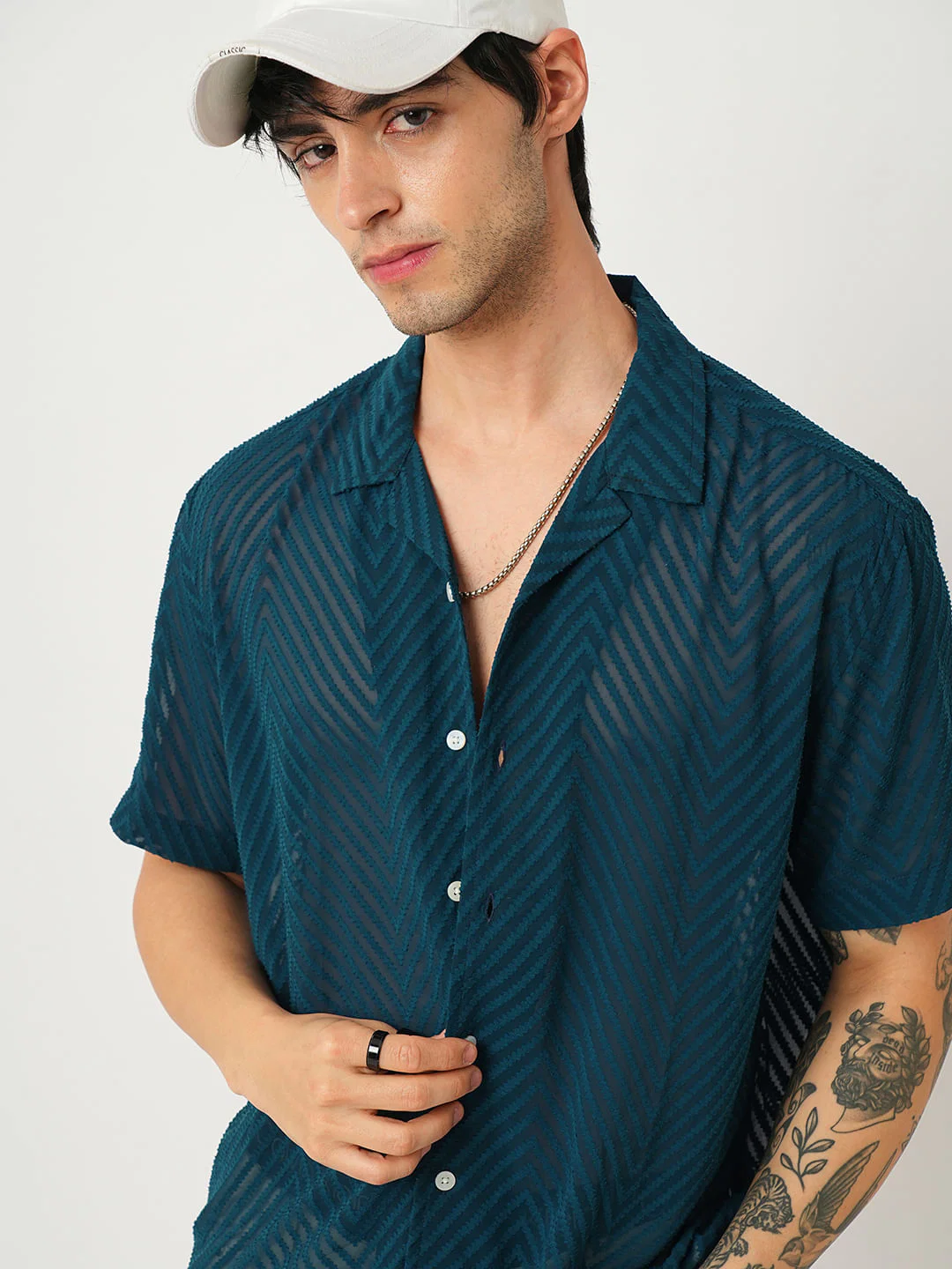 Zig-Zag Peacock Green Textured Chiffon Oversized Shirt - Image 2
