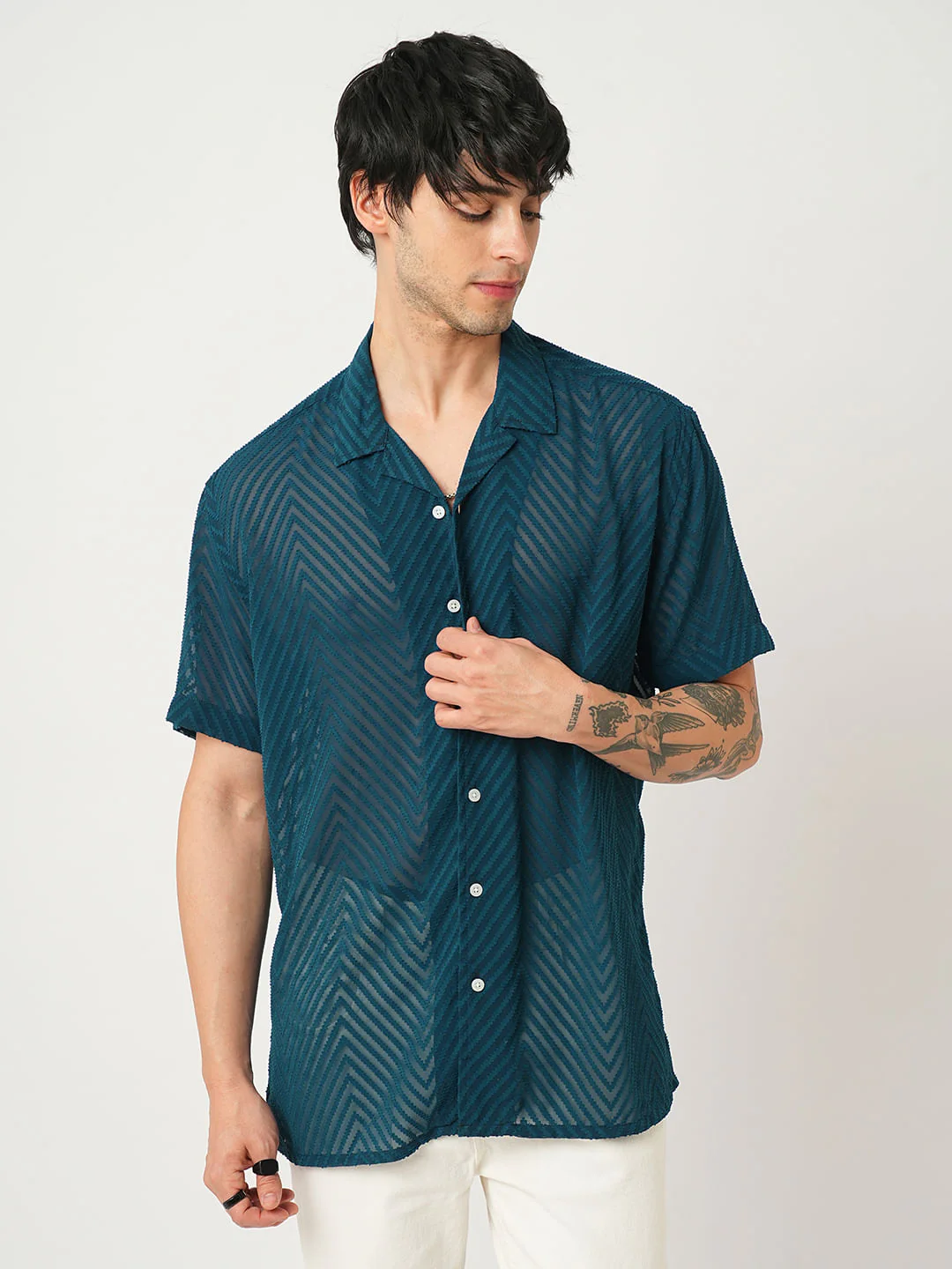 Zig-Zag Peacock Green Textured Chiffon Oversized Shirt - Image 5