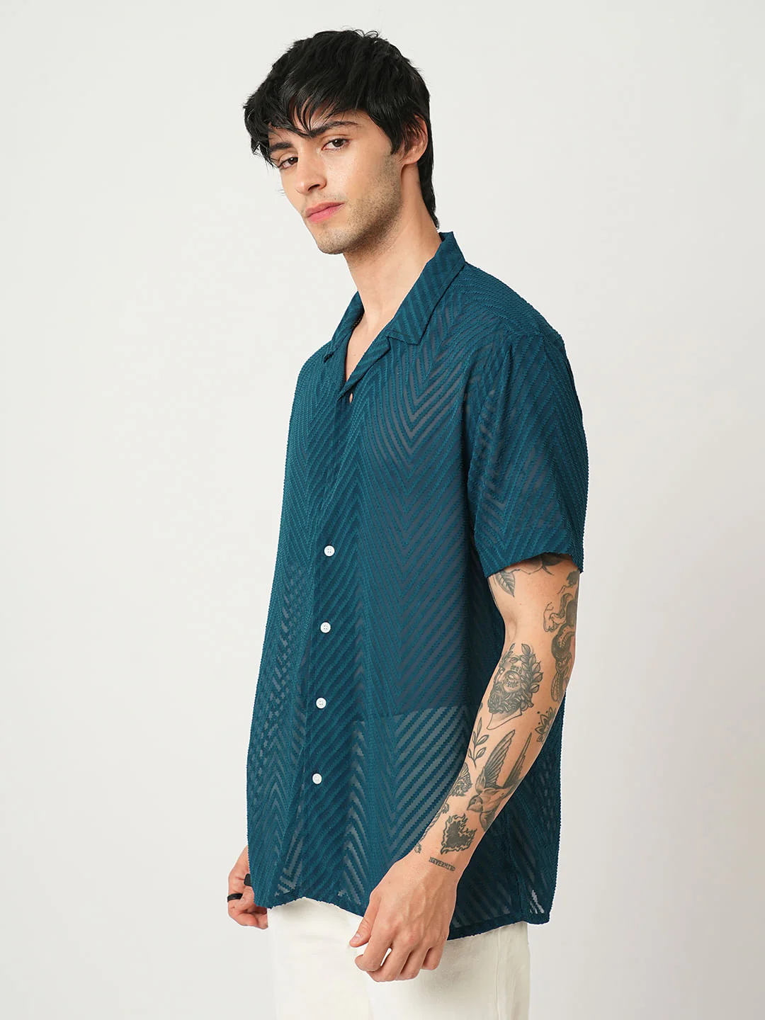 Zig-Zag Peacock Green Textured Chiffon Oversized Shirt - Image 6