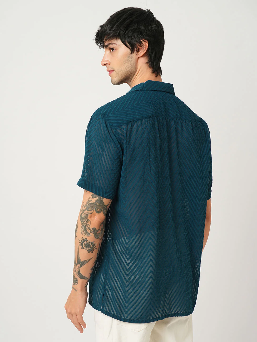 Zig-Zag Peacock Green Textured Chiffon Oversized Shirt - Image 7