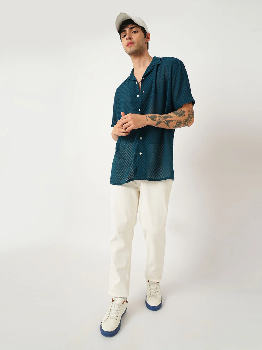 Zig-Zag Peacock Green Textured Chiffon Oversized Shirt - Image 8