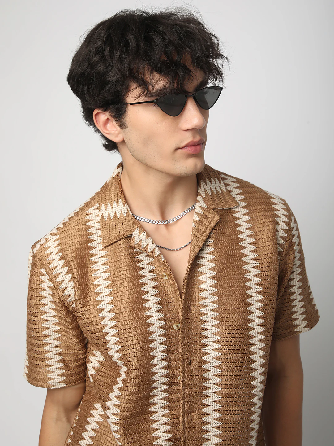 Zig-Zag Russet Brown Crochet Oversized Shirt - Image 2